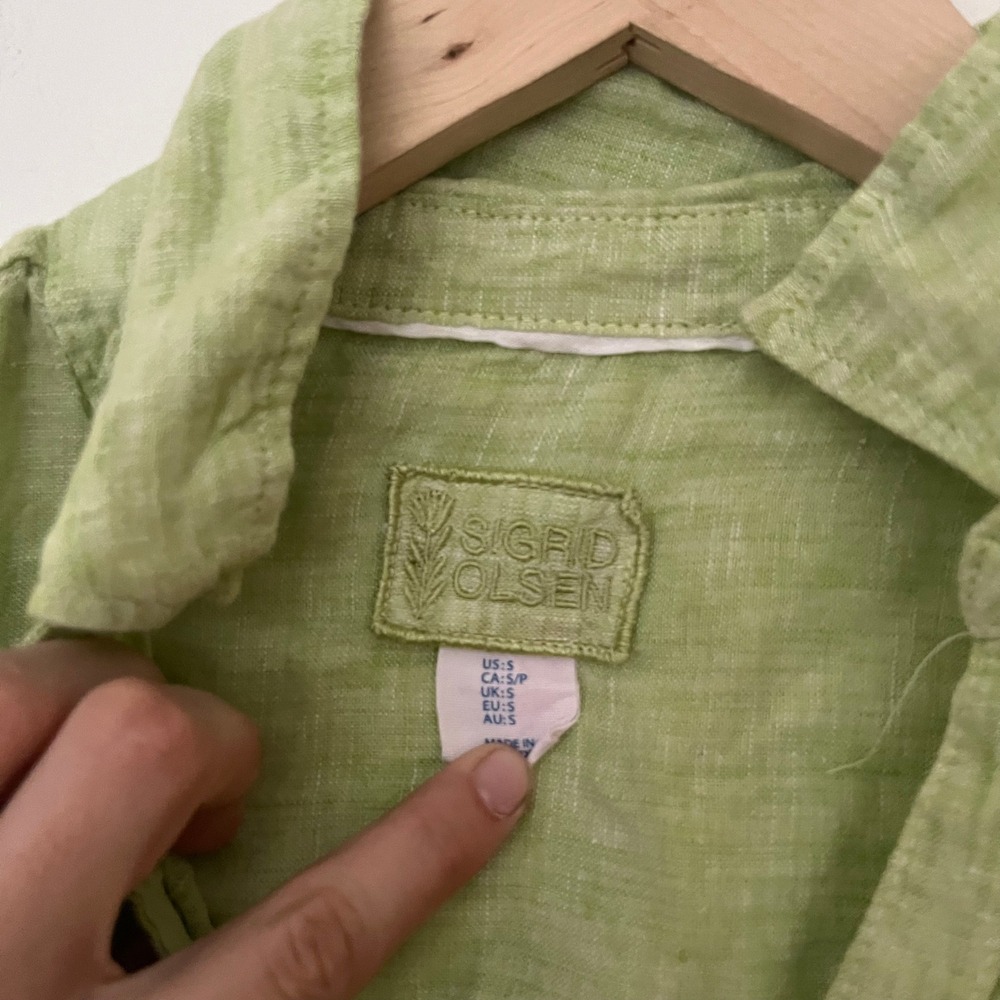 Sigrid Olsen Womens Small Lime Green 100% Linen Button Down Up Roll Sleeve Shirt - Picture 2 of 10